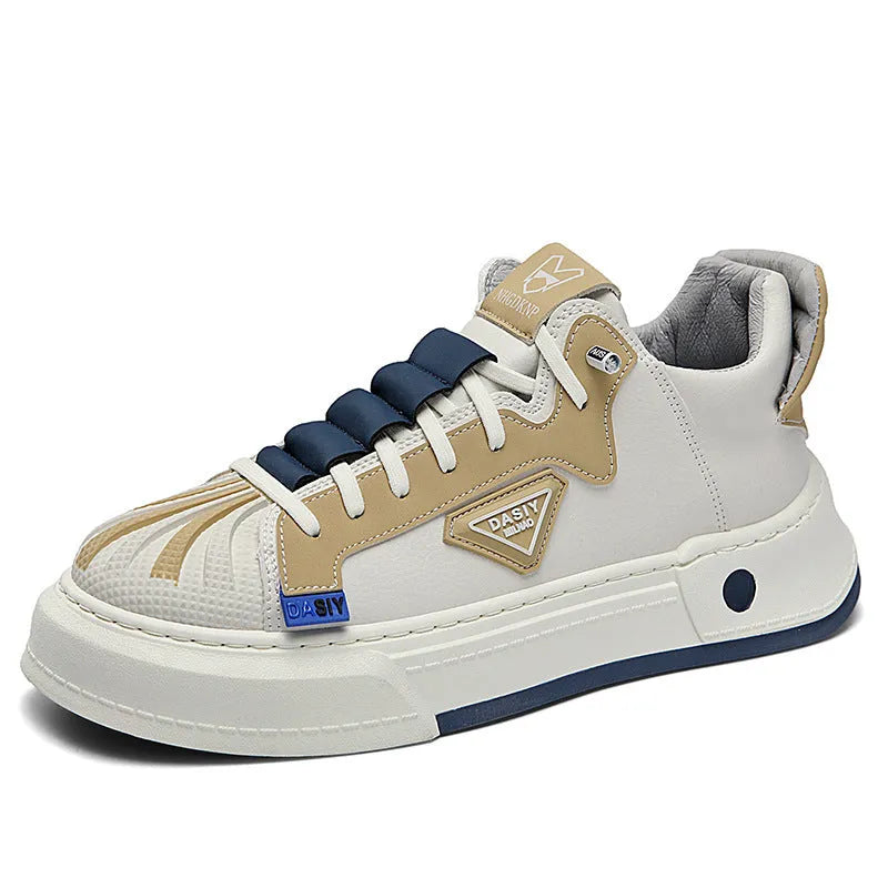 Men's beige low-top sneakers with elastic band and leather stitching details