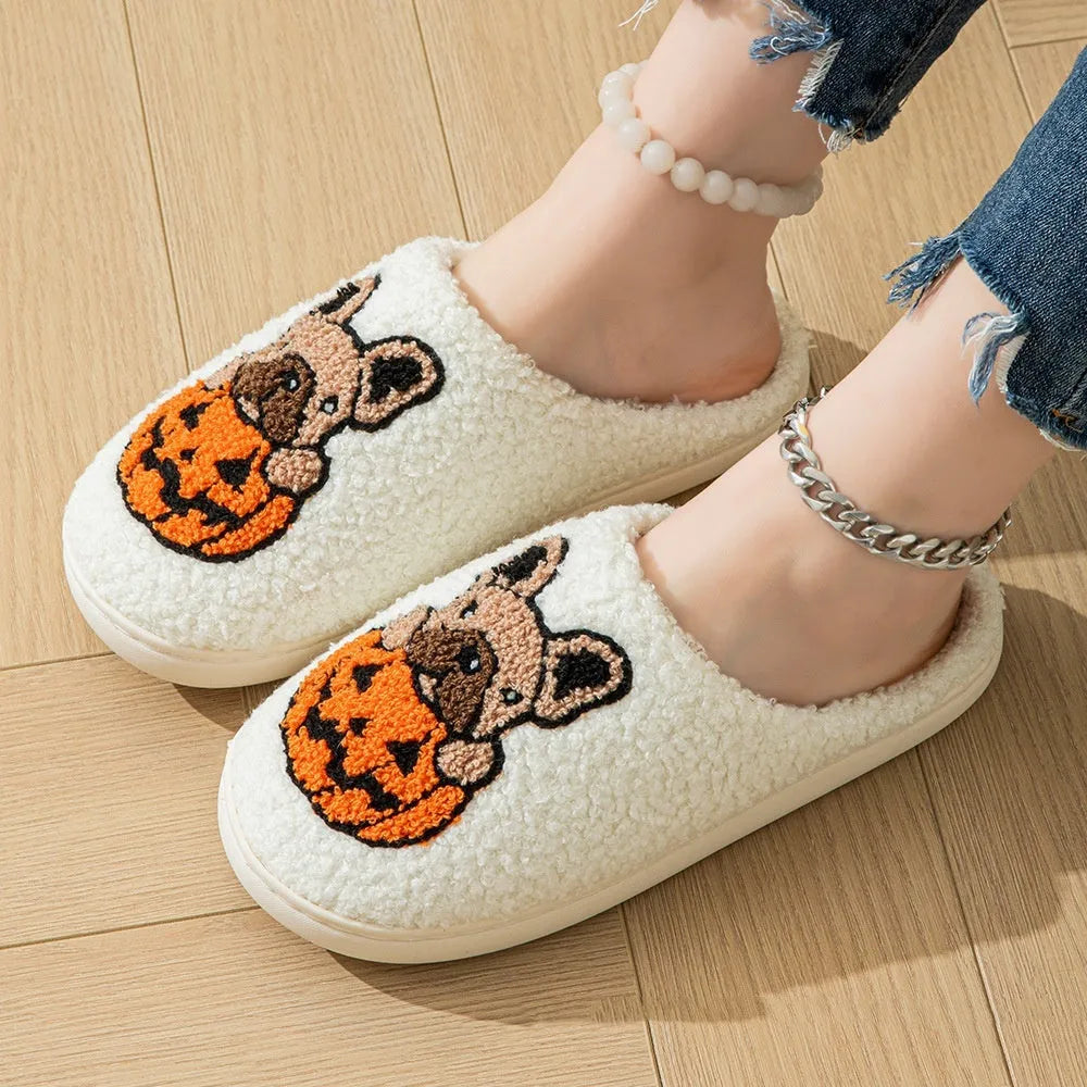 Halloween pumpkin pattern slippers with plush velvet cotton upper and TPR rubber soles