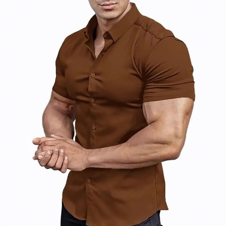 Men's brown short sleeve casual printed shirt with a collar on a hanger.