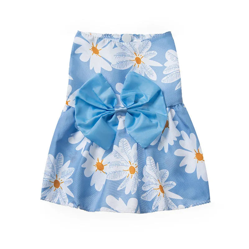 Ultra-thin floral butterfly knot princess dress for dog or cat on a hanger, showing bow colour options.