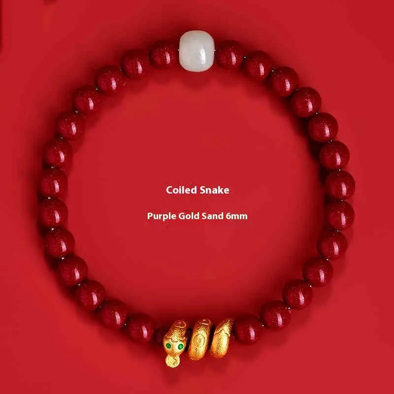 Handmade cinnabar snake year bracelet with Zodiac animal design, showing snake beads in traditional Chinese style.