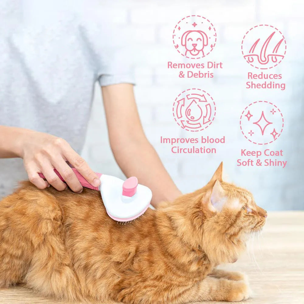 Cat grooming brush with release button in blue, grey or pink for removing loose fur and tangles