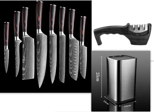Chef knife with laser Damascus pattern blade, colour steel handle, showing 18cm blade length