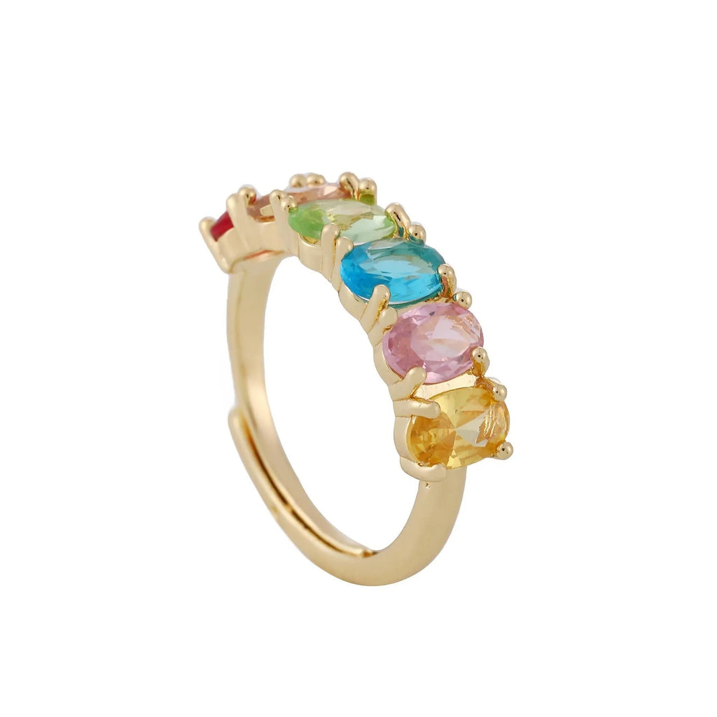 Adjustable gold women's ring with zircon accent on white background