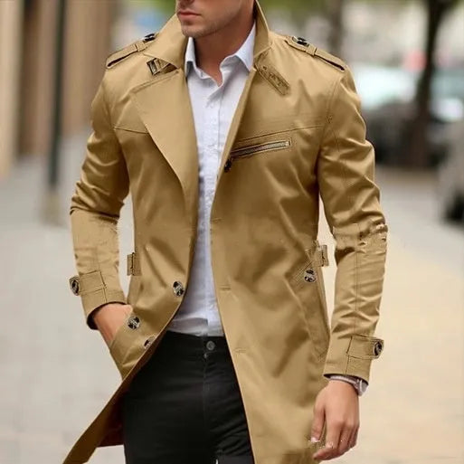 Men's mid-length cotton casual jacket with lapel collar in army green.