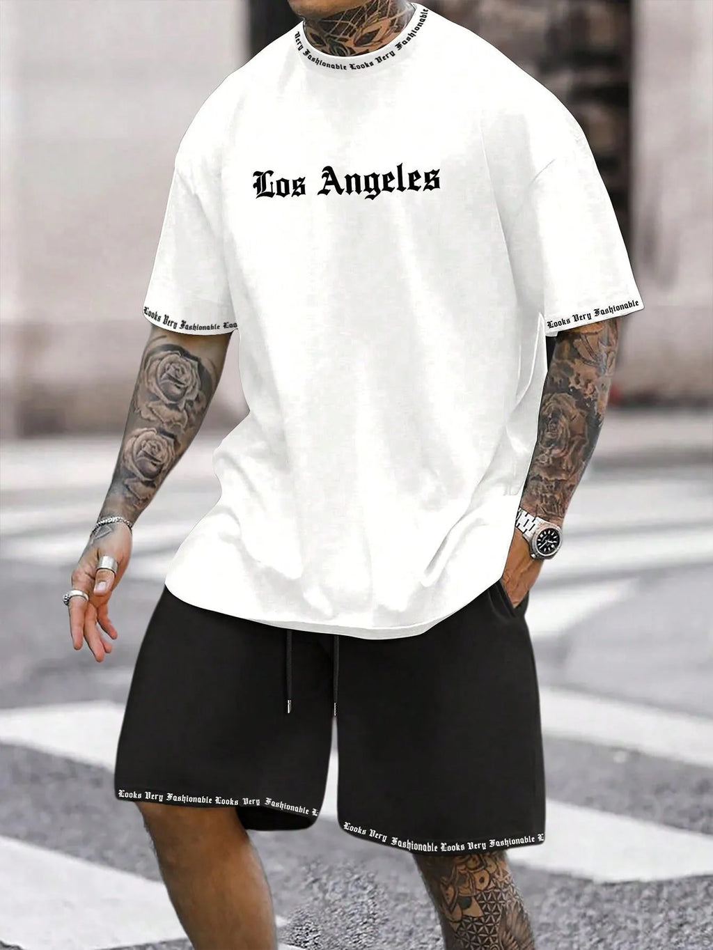 Men's printed polyester blend short sleeve top and matching shorts casual sports set