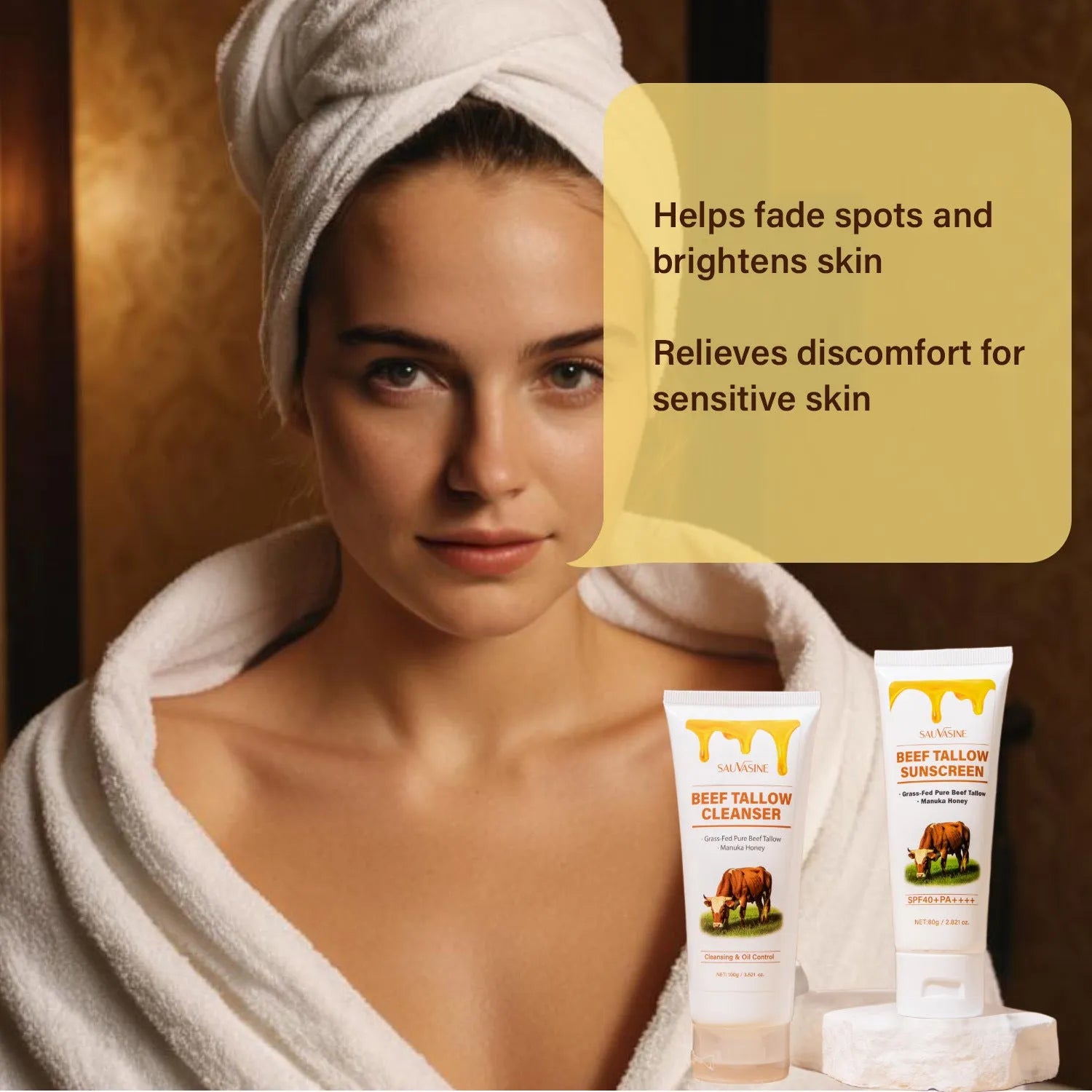 Seven-piece skin care set showing facial cleanser, face cream, lip balm, barrier cream, body lotion, facial scrub and beef tallow balm