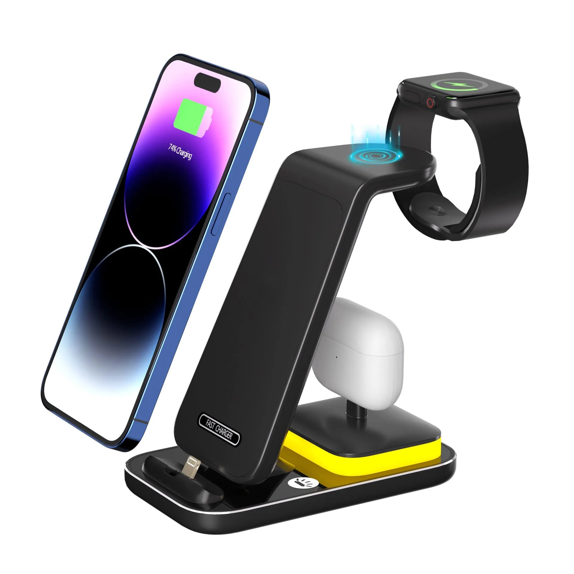 Black and white vertical wireless charging stand for mobile phones, watches, and headsets with 15W fast charging