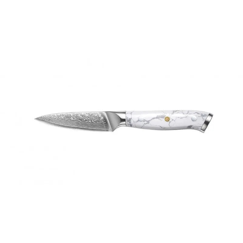 Damascus pattern chef's knife with VG10 steel blade and modern handle on a kitchen counter.
