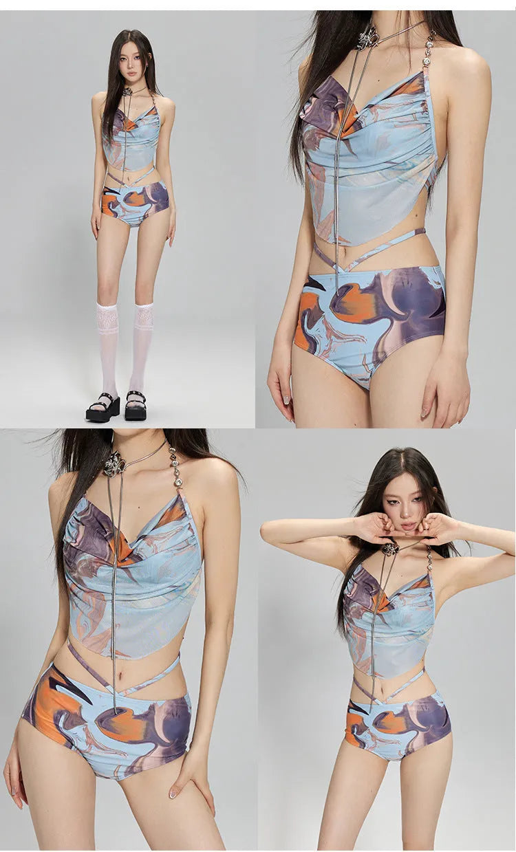 Women's three-piece bikini set with steel support blue printing triangle style nylon spandex