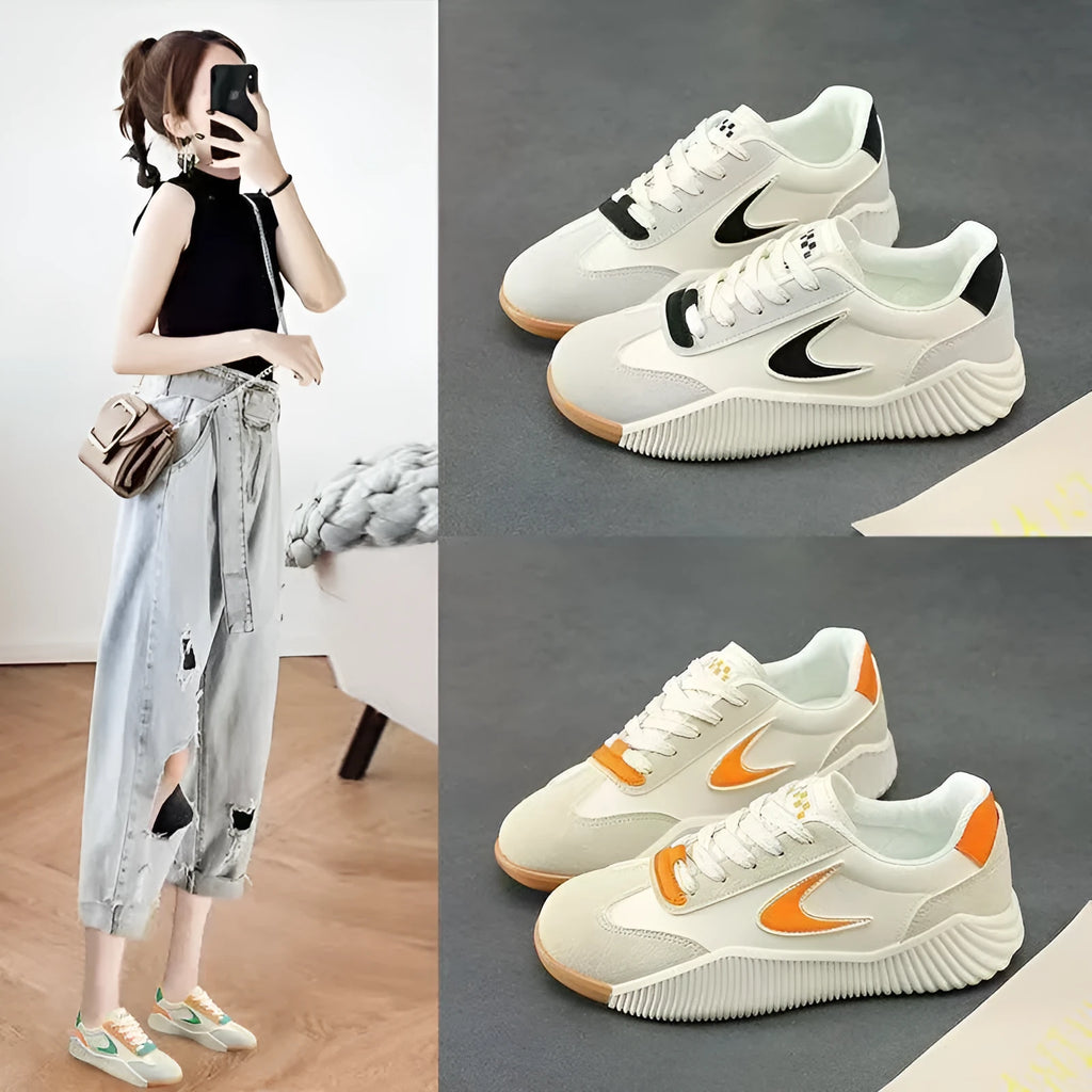 Artificial PU leather casual sneakers with flower pattern, flat heel, round toe, available in beige orange colour