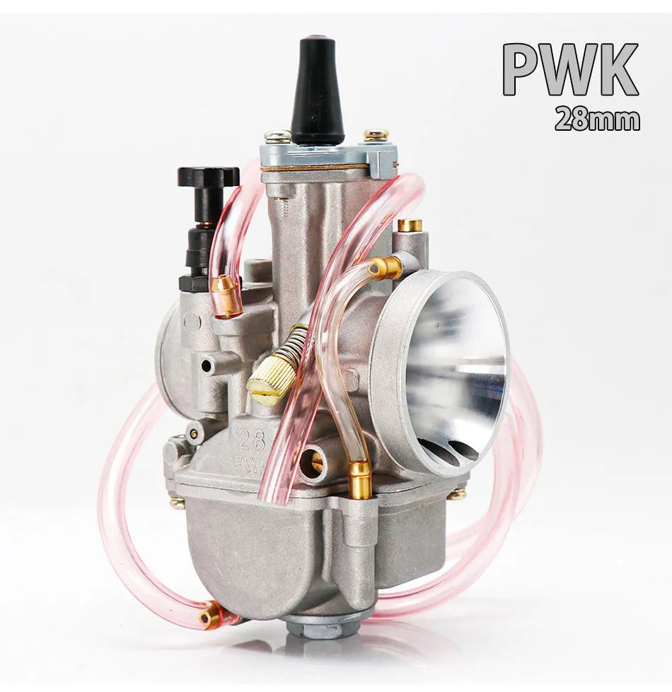 PWK sandblasted motorcycle carburetor for performance modification, showing seven size options from 21mm to 34mm.