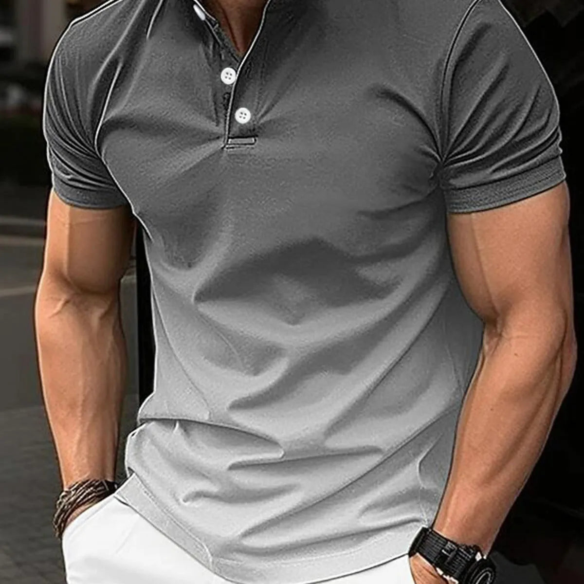 Cotton blend stand collar gradient short sleeve t-shirt in green, regular fit, short sleeves, colour-block pattern