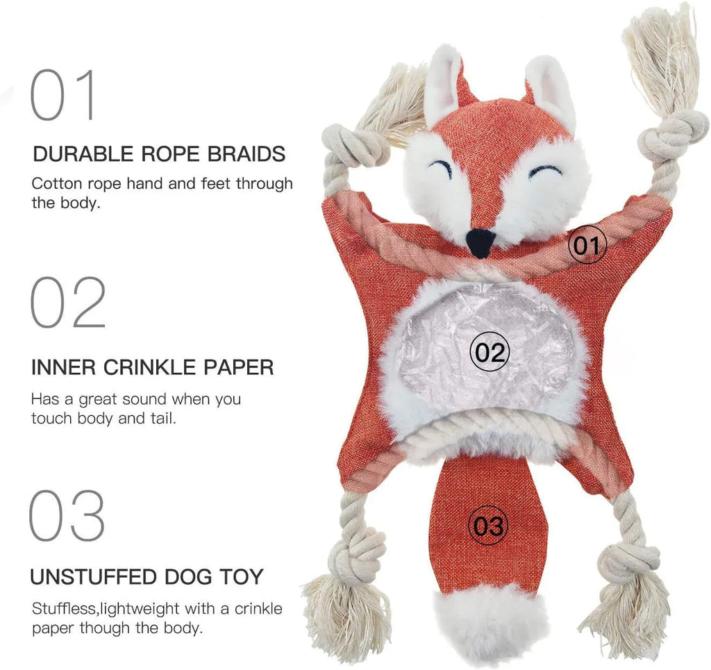 Brown plush fox dog toy with embroidered eyes, rope arms, and a squeaker in its head.