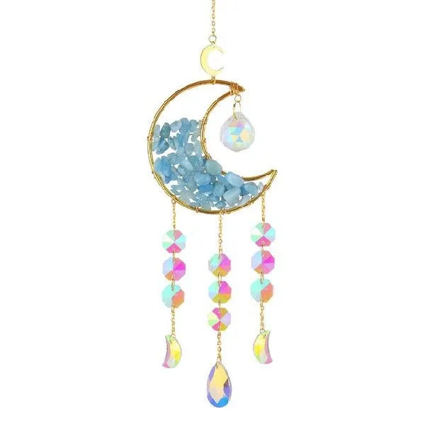 Moon-shaped K9 crystal car pendant hanging from a metal chain, available in blue, green, pink, purple, and white.