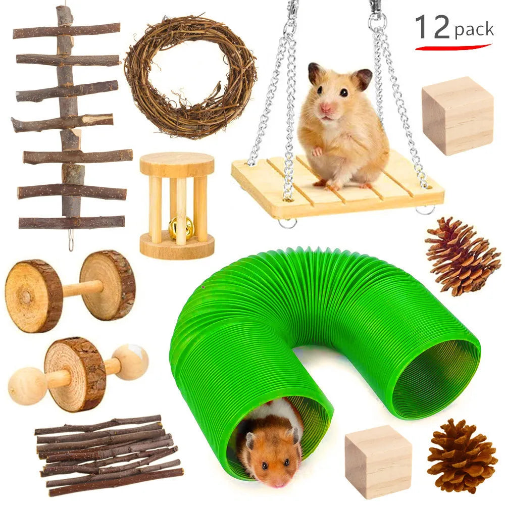 Assorted wooden chew toys for small pets including balls and mats on a natural background