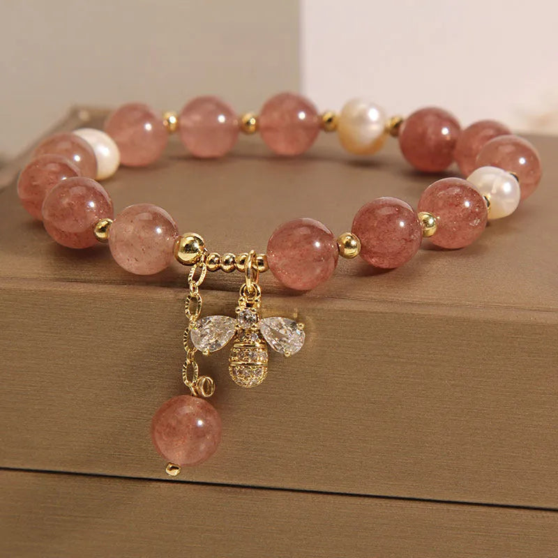 Women's strawberry quartz freshwater pearl bracelet with alloy beads and zircon accents
