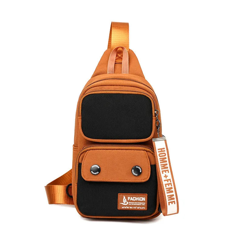 Nylon crossbody bag in contrasting colours with shoulder strap for outdoor leisure