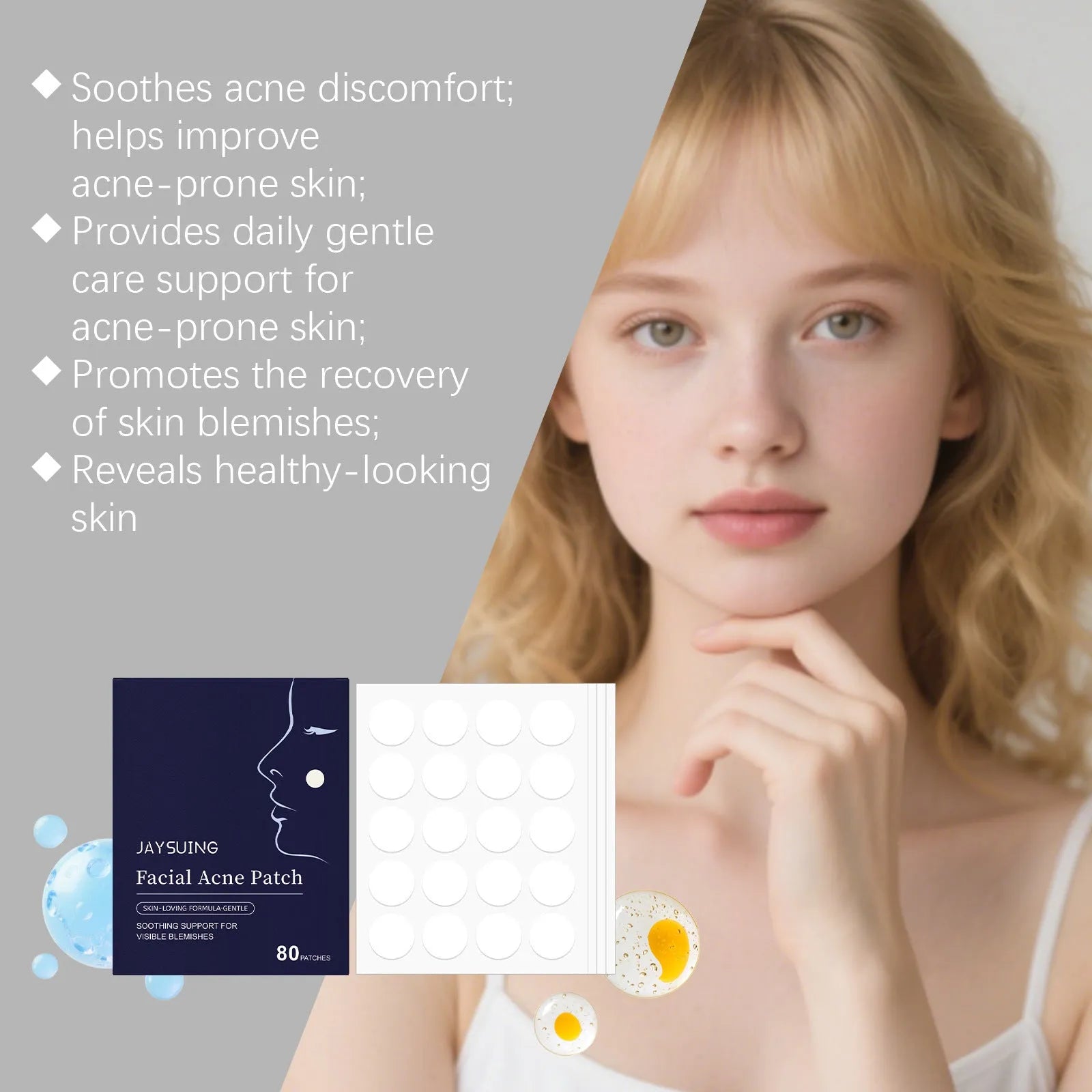Pack of 80 hydrocolloid facial acne patches for pimple treatment.