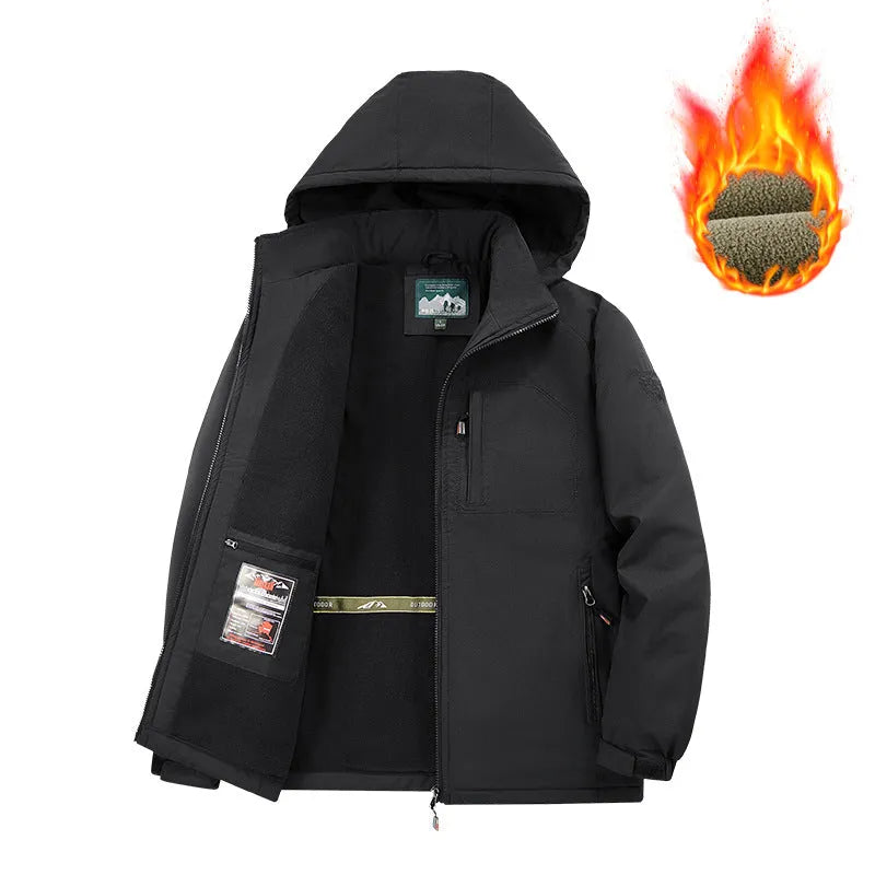 Men's detachable hooded thickened cotton jacket in khaki with fleece lining, straight hem, and polyester fibre construction