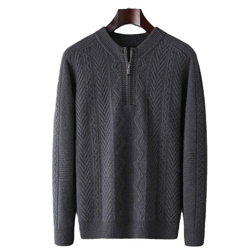 Men's pure wool diamond pattern half zip sweater in camel colour with lattice knit texture