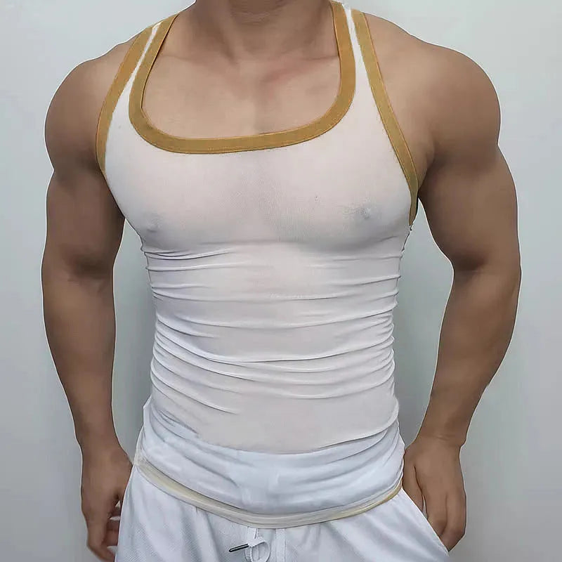 Men's black mesh fitness vest with straight hem design for sports and gym workouts