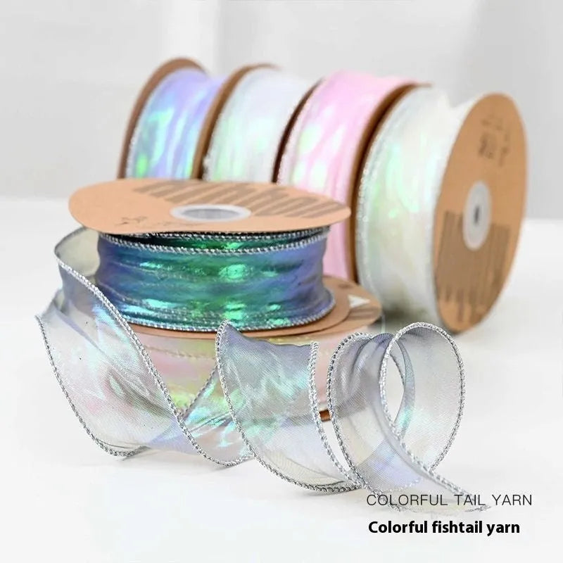 Fishtail yarn mesh ribbon with wave edge cutting in multiple colours for craft and floral decoration