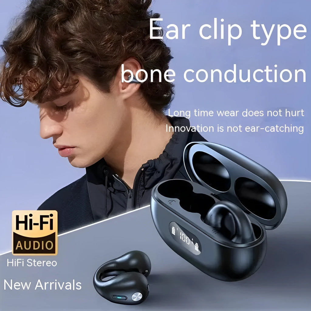 Non-in-ear clip wireless Bluetooth headset in black with plastic ear hook design