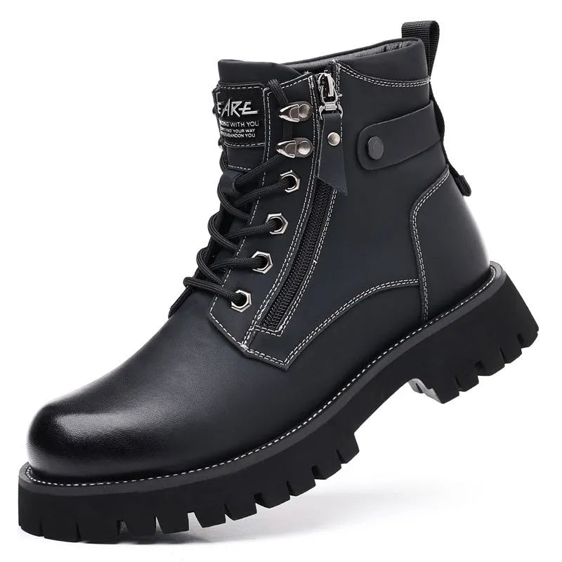 Men's brown leather high-top Martin boots with side zipper and round toe