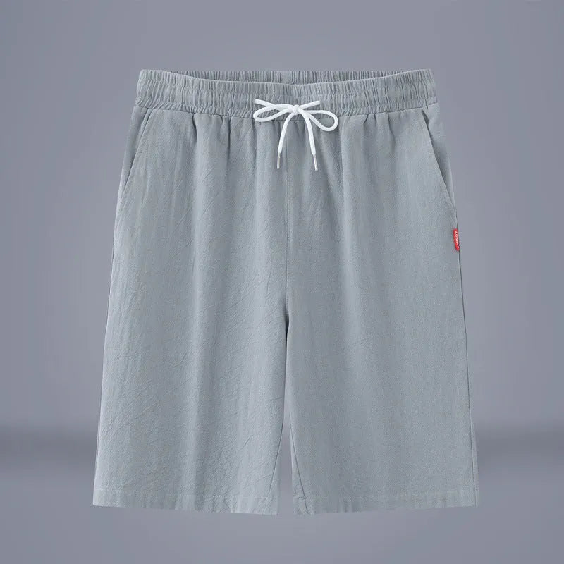 Chinese-style solid colour cropped trousers in cotton linen fabric with drawstring mid-waist