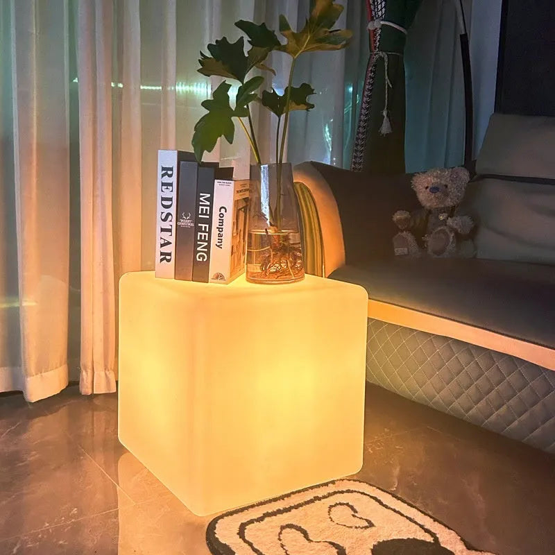 White LED cube stool light with modern design showing waterproof construction and clean geometric lines
