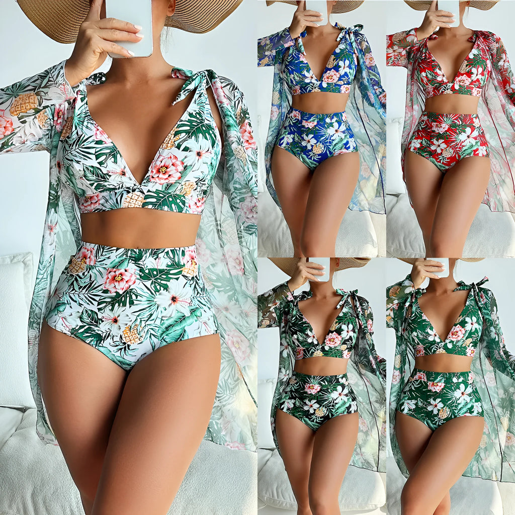 Women's multicolour printed bikini three-piece set showing bra, shorts, and sunscreen shirt.