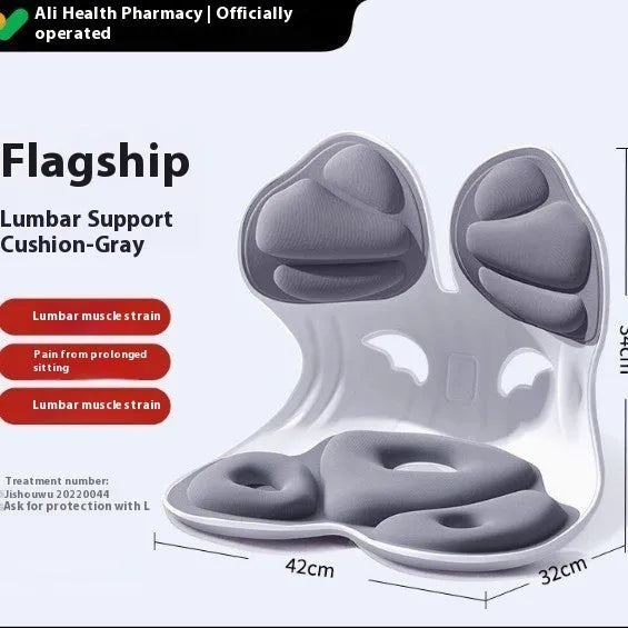 Grey waist support seat cushion with lumbar pillow design on an office chair