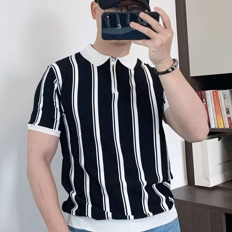 Korean style vintage stripe men's t-shirt with personality zipper detail in black and white colour options