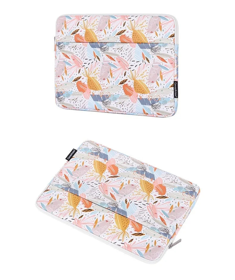 White PU leather laptop inner bag for 14-inch computers, shown with size options for 11, 12, 13, 14, and 15 inches.