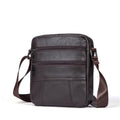 Men's vintage style genuine leather shoulder bag in a square shape with multiple internal pockets.