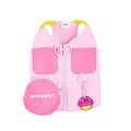 Pink adjustable traction vest on a small dog, showing the fit and fastening.