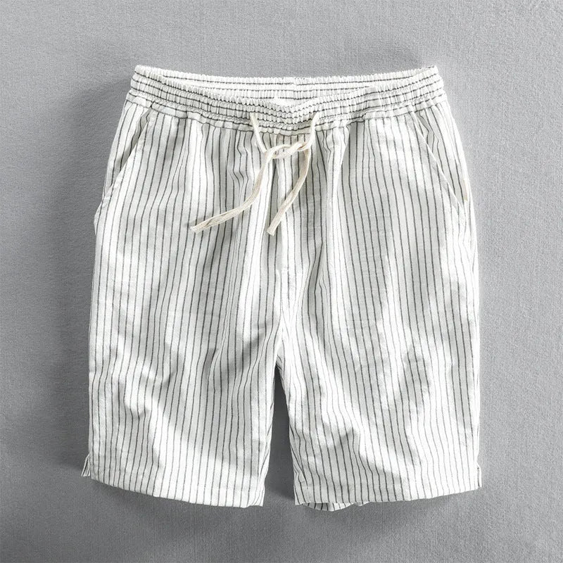 Men's striped cotton casual shorts in a loose straight fit on a mid-waist, shown in light blue colour.