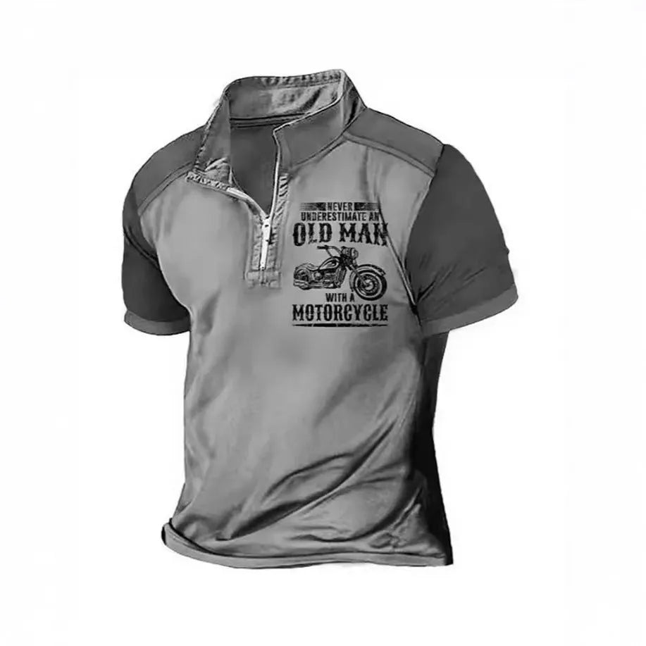 Men's casual polo shirt with digital letter pattern and zipper decoration on the lapel.