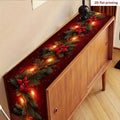 Christmas theme printed table runner with white, red, and green stripes on a wooden dining table, 33x183cm