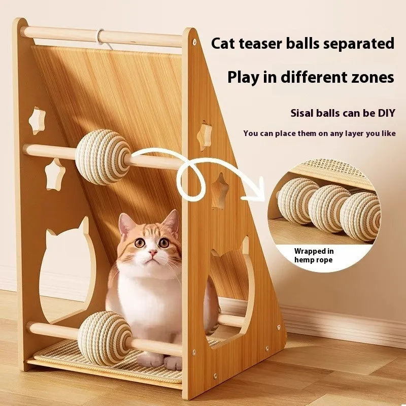 Vertical wall-mounted cat scratch board with sisal surface and teasing ball design