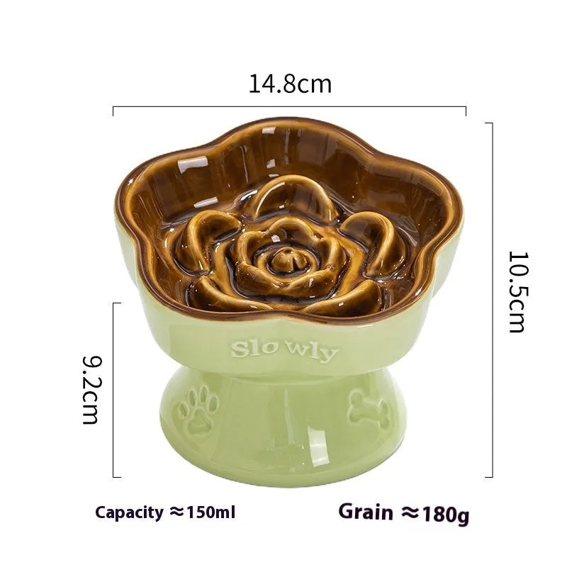 Black ceramic pet bowl with high foot and neck protector for dogs and cats