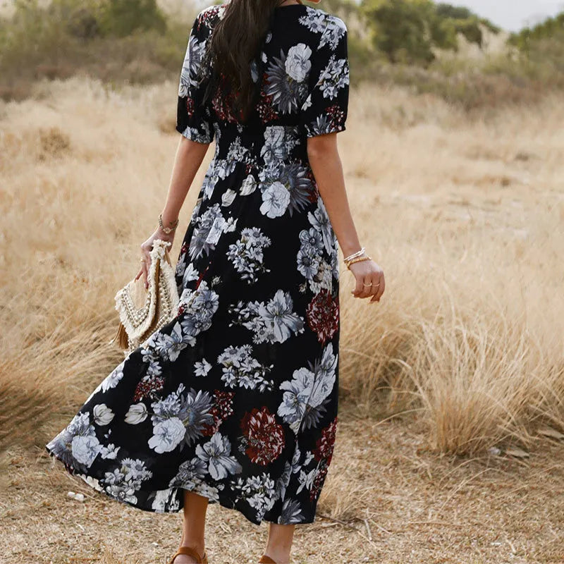 Women's floral print summer dress with V-neck and elastic waist in yellow, black or blue