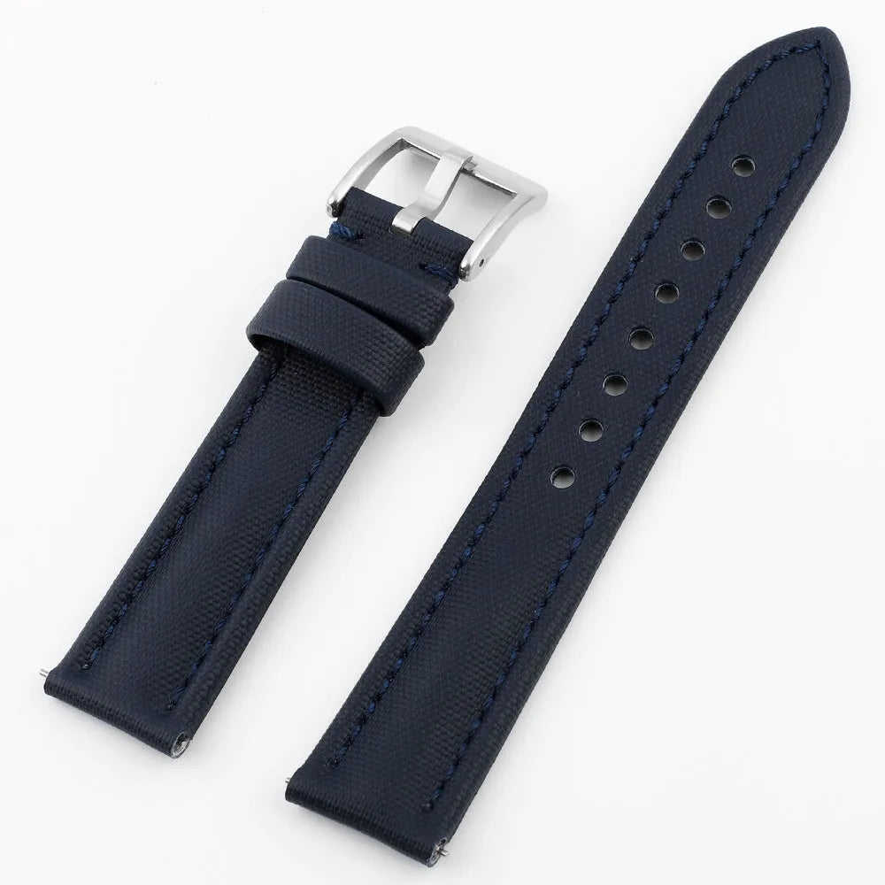Oxford water-repellent cloth leather watch strap in beige with stitch detail on white background