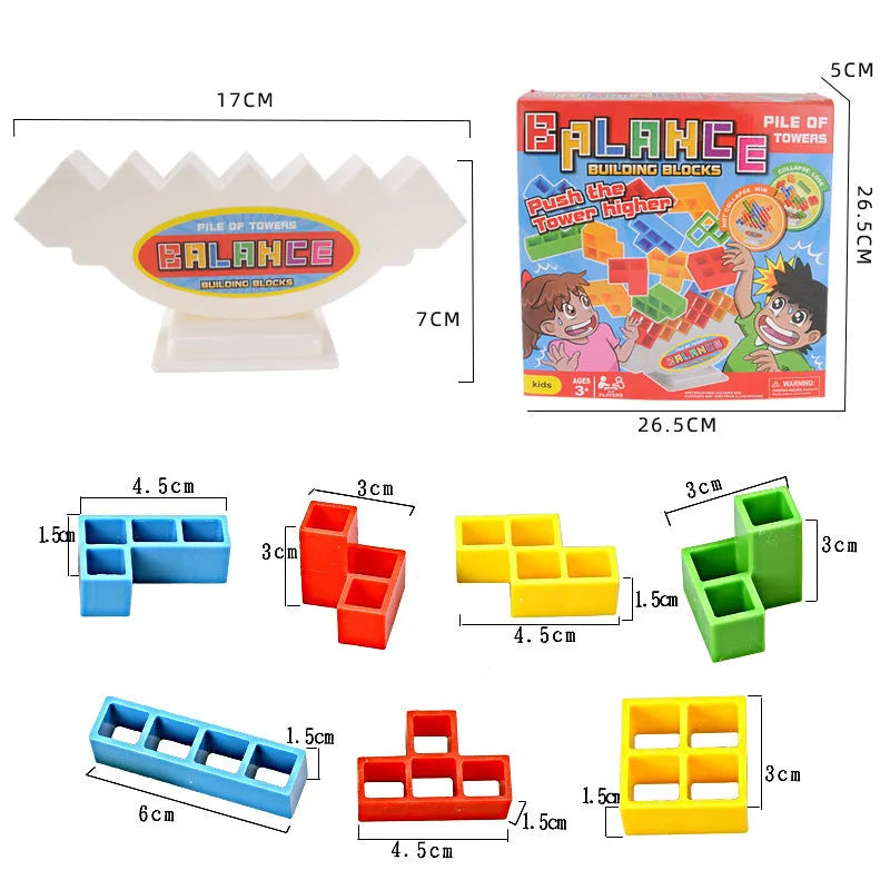 Colourful plastic balance stacking game with blocks, chassis, and base on a table