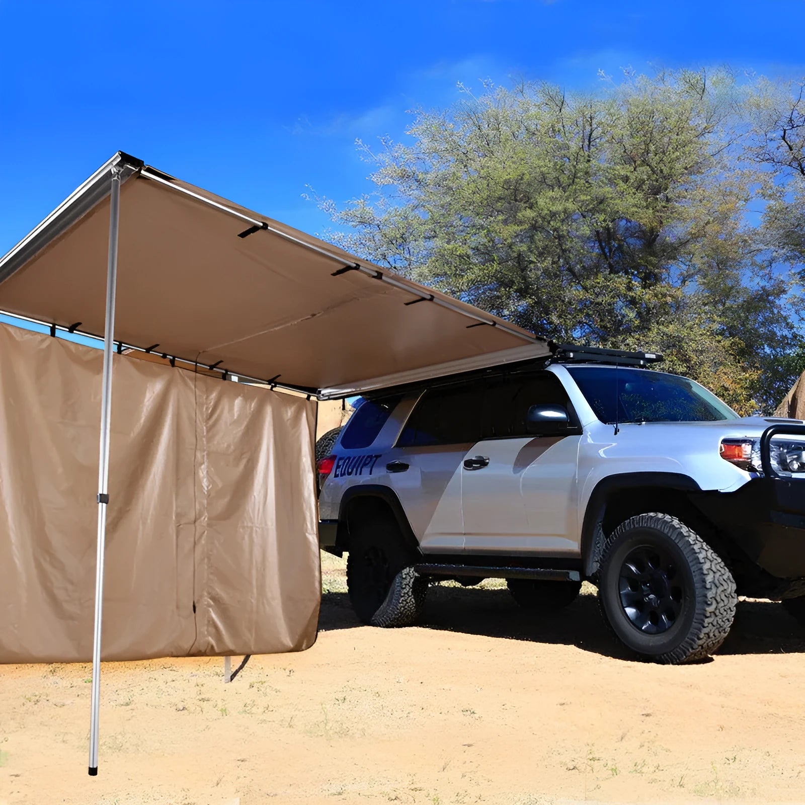 Two bedroom single layer camping tent with aluminium poles and black glue finish setup outdoors