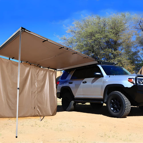 Two bedroom single layer camping tent with aluminium poles and black glue finish setup outdoors