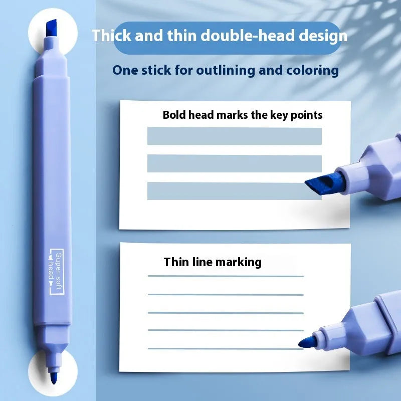 Set of double-headed fluorescent marking pens showing fine and broad tips, in mixed colours.
