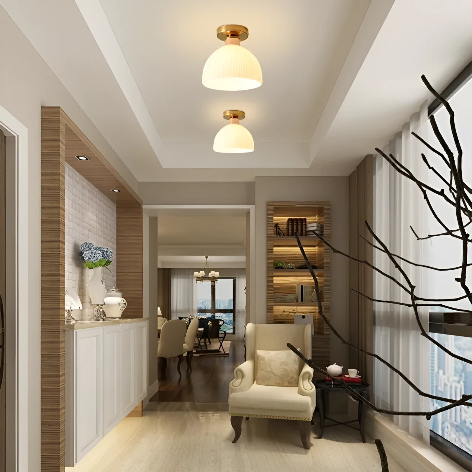 Nordic wrought iron glass ceiling lamp with E27 base, black finish, on a simple ceiling