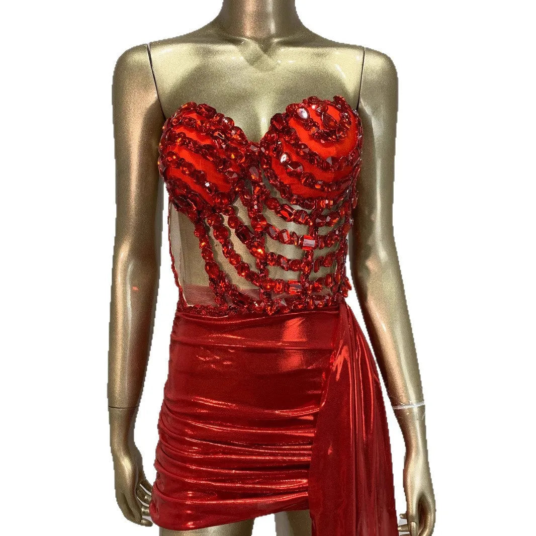 Red mesh stage costume skirt suit with hollow see-through design for banquet performances